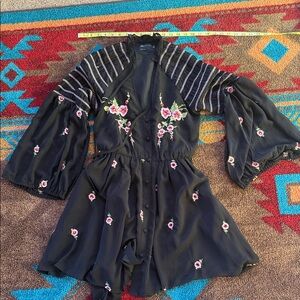 ASOS Black Floral Dress with Striped Sleeves